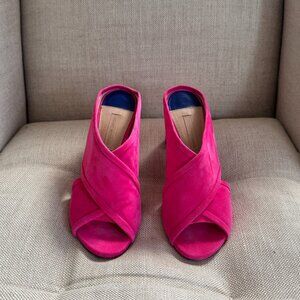 Stuart Weitzman Sam Crisscross High-Heel Slide Sandals – Hot Pink Suede